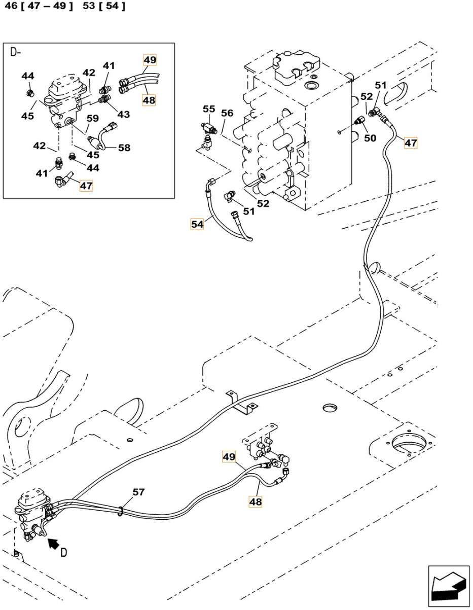Case CX300C installation diagram showing hydraulic hose KHJ2309 at Pipe No. 54