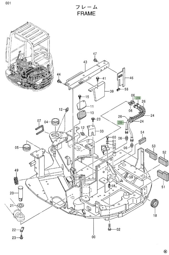 Hitachi EX27U installation diagram showing hydraulic hose 4428745 at Pipe No. 28