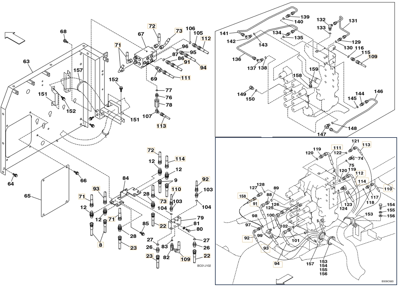 Case CX210N installation diagram showing hydraulic hose 161176A1 at Pipe No. 158