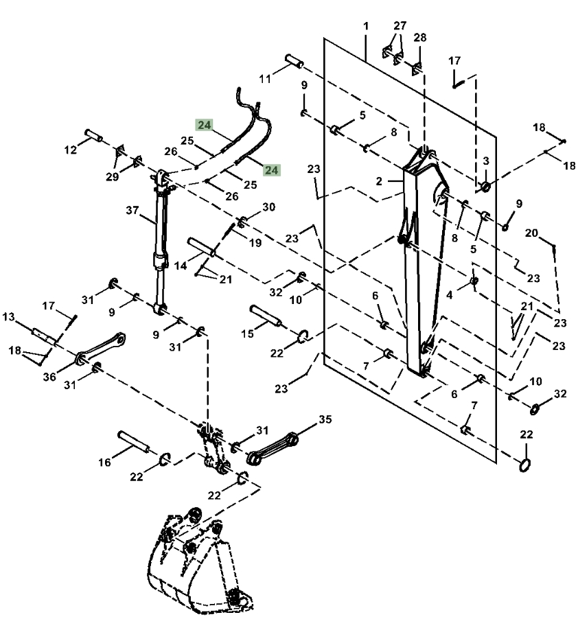 Hitachi ZX180LC-5N installation diagram showing hydraulic hose 4644709 at Pipe No. 24