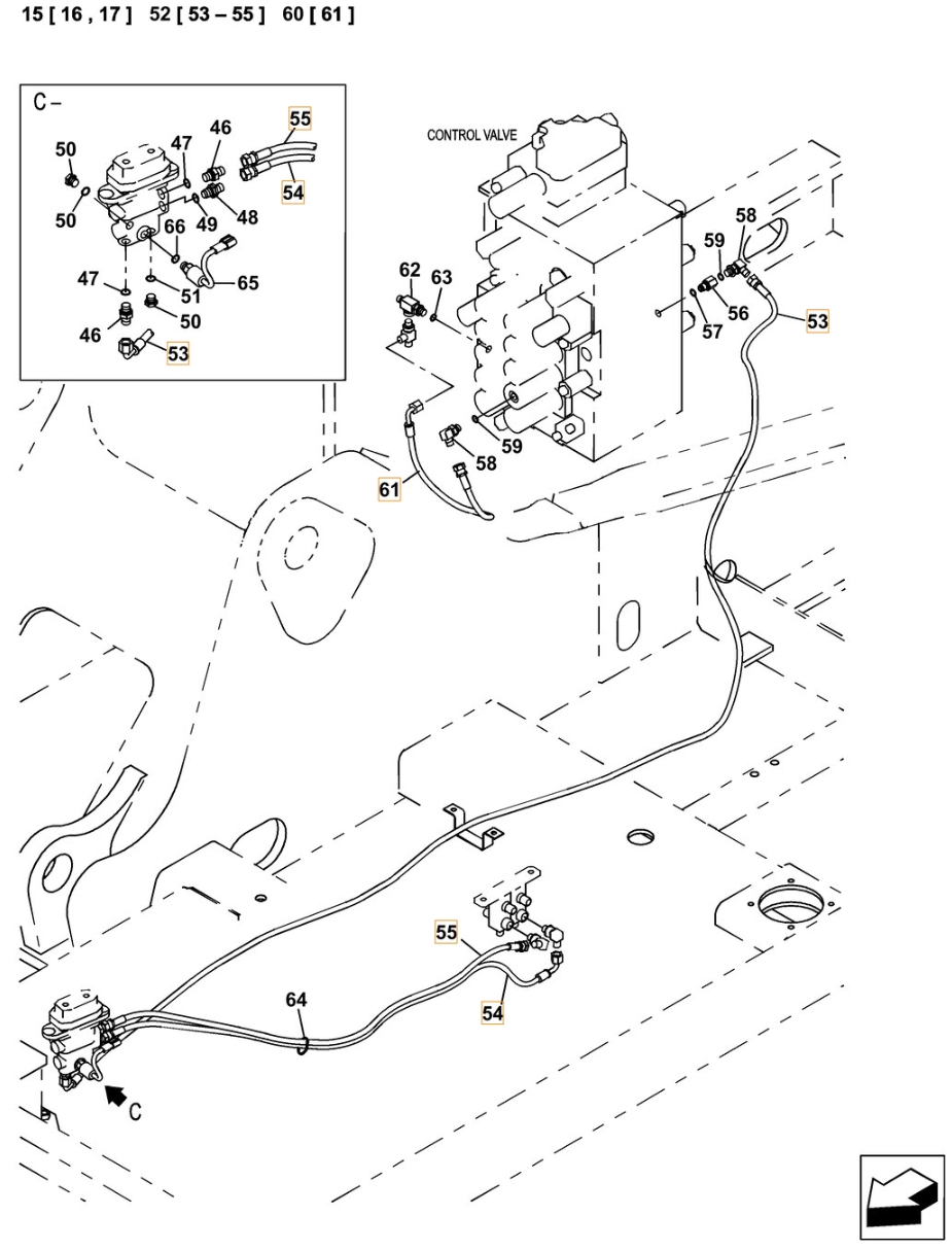 Case CX370C LC installation diagram showing hydraulic hose KHJ12230 at Pipe No. 53