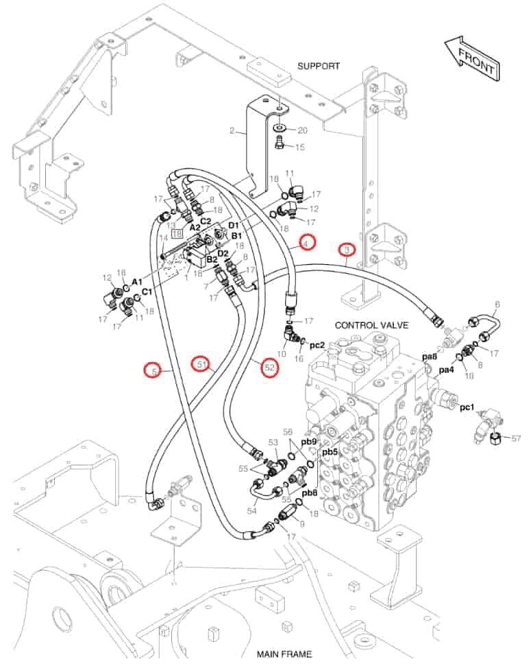 Doosan DX140LCR-5 installation diagram showing hydraulic hose DS2121113 at Pipe No. 52